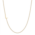 14k gold sideways initial necklace with letter L pendant on white background