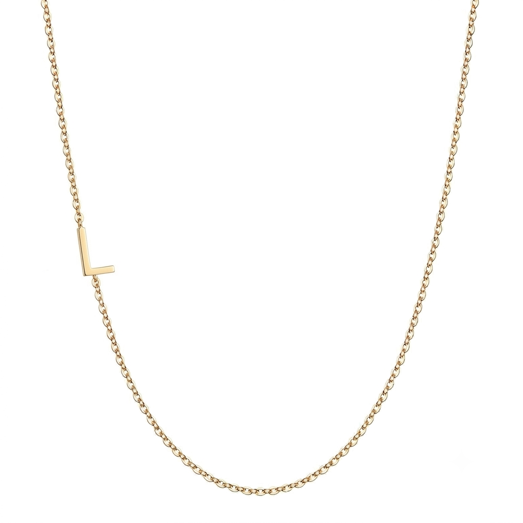14k gold sideways initial necklace with letter L pendant on white background