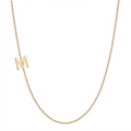 14k gold sideways initial necklace with letter M pendant on white background