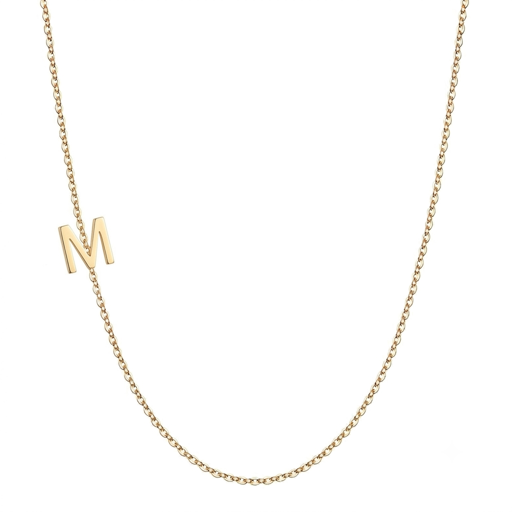 14k gold sideways initial necklace with letter M pendant on white background