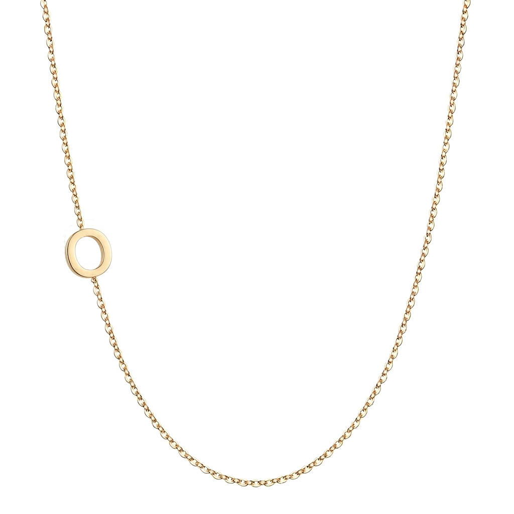 14k gold sideways initial necklace with letter P pendant on white background
