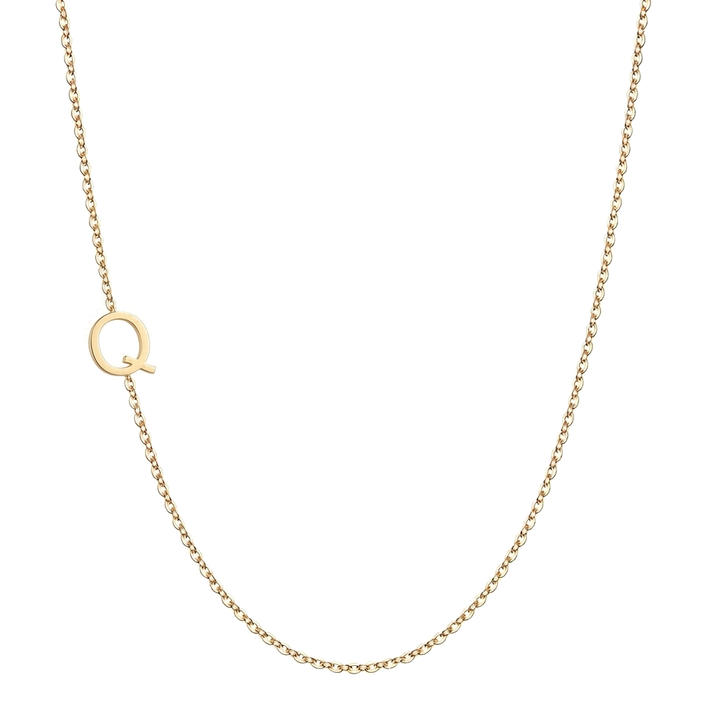 14k gold sideways initial necklace with letter Q pendant on white background