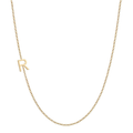 14k gold sideways initial necklace with letter R pendant on white background