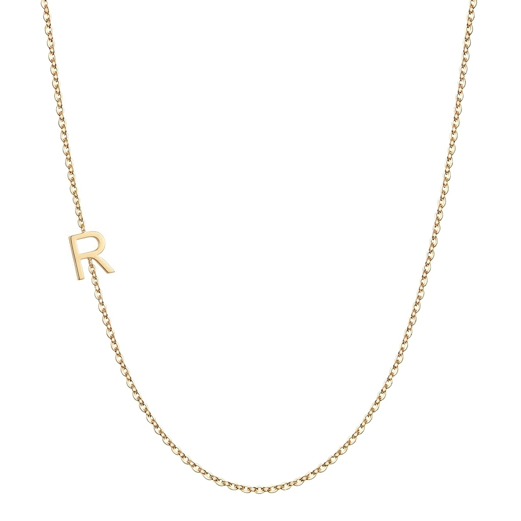 14k gold sideways initial necklace with letter R pendant on white background