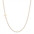 14k gold sideways initial necklace with letter T pendant on white background
