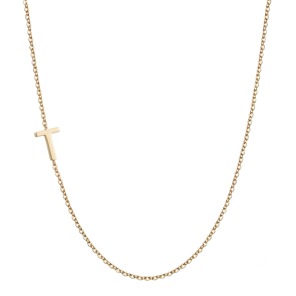 14k gold sideways initial necklace with letter T pendant on white background