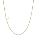 14k gold sideways initial necklace with letter U pendant on white background