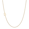 14k gold sideways initial necklace with letter S pendant on white background