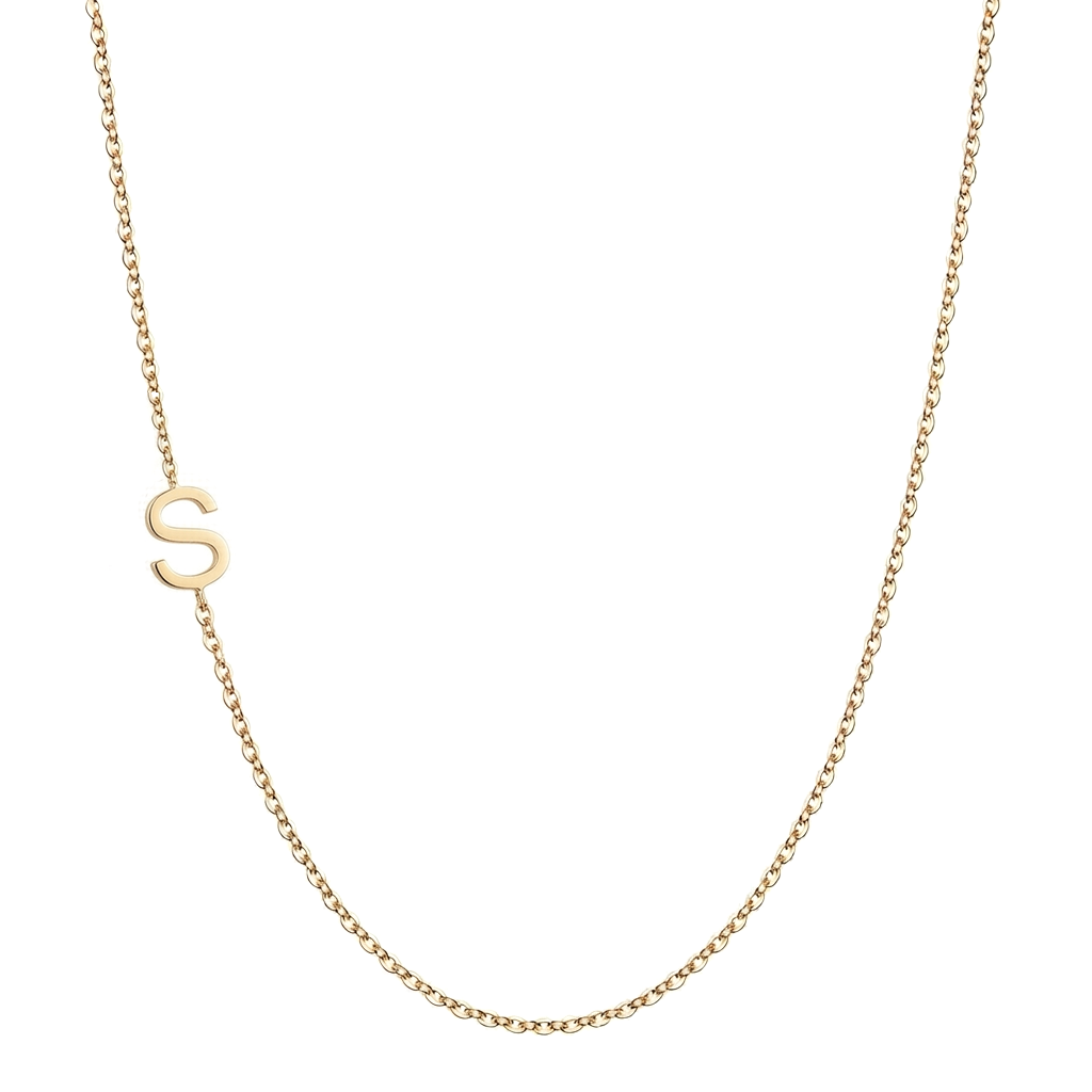 14k gold sideways initial necklace with letter S pendant on white background