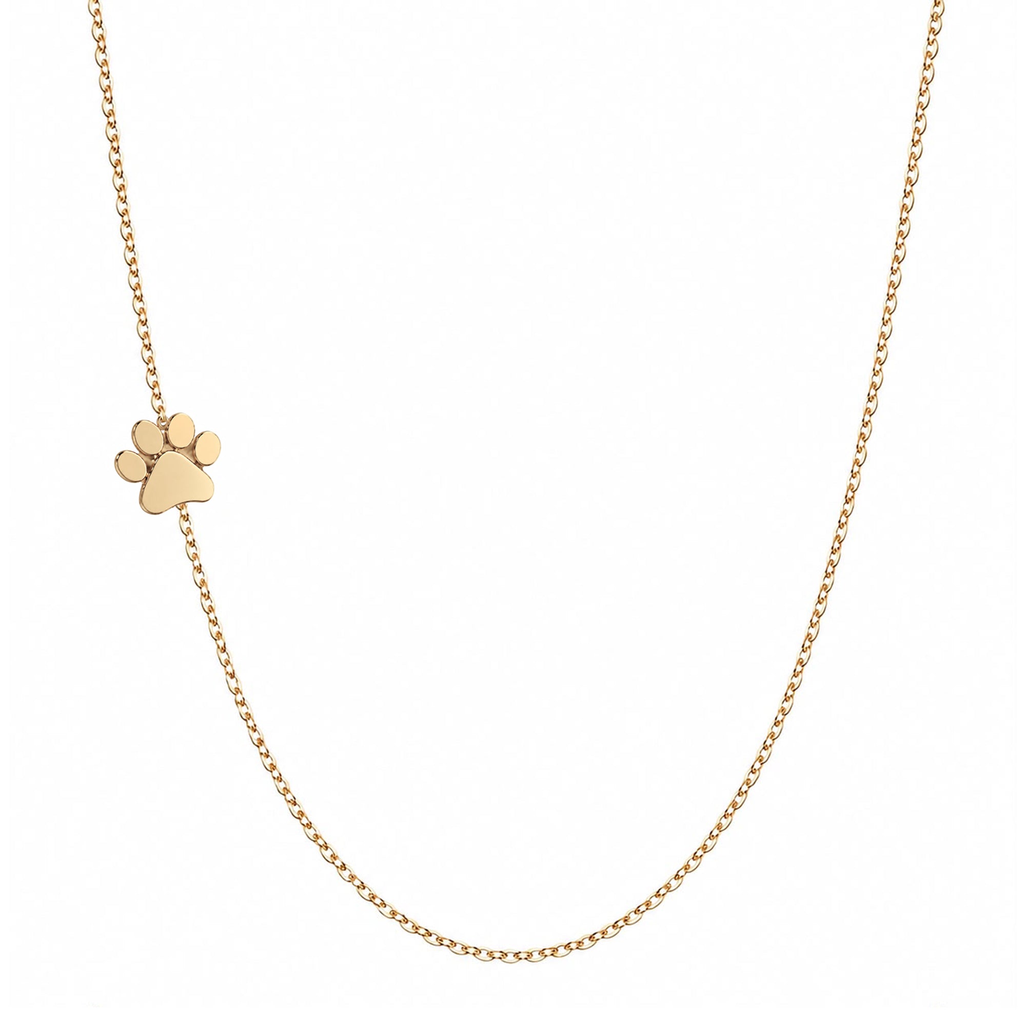 14k gold sideways paw necklace on white background