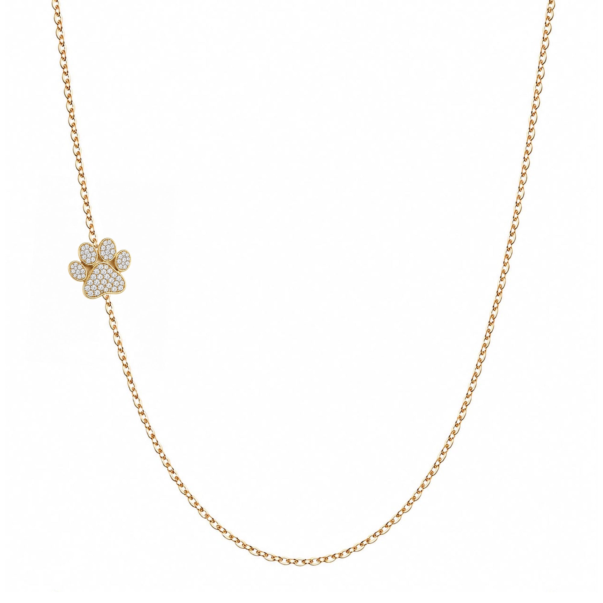 14k gold sideways paw pave diamond necklace on white background