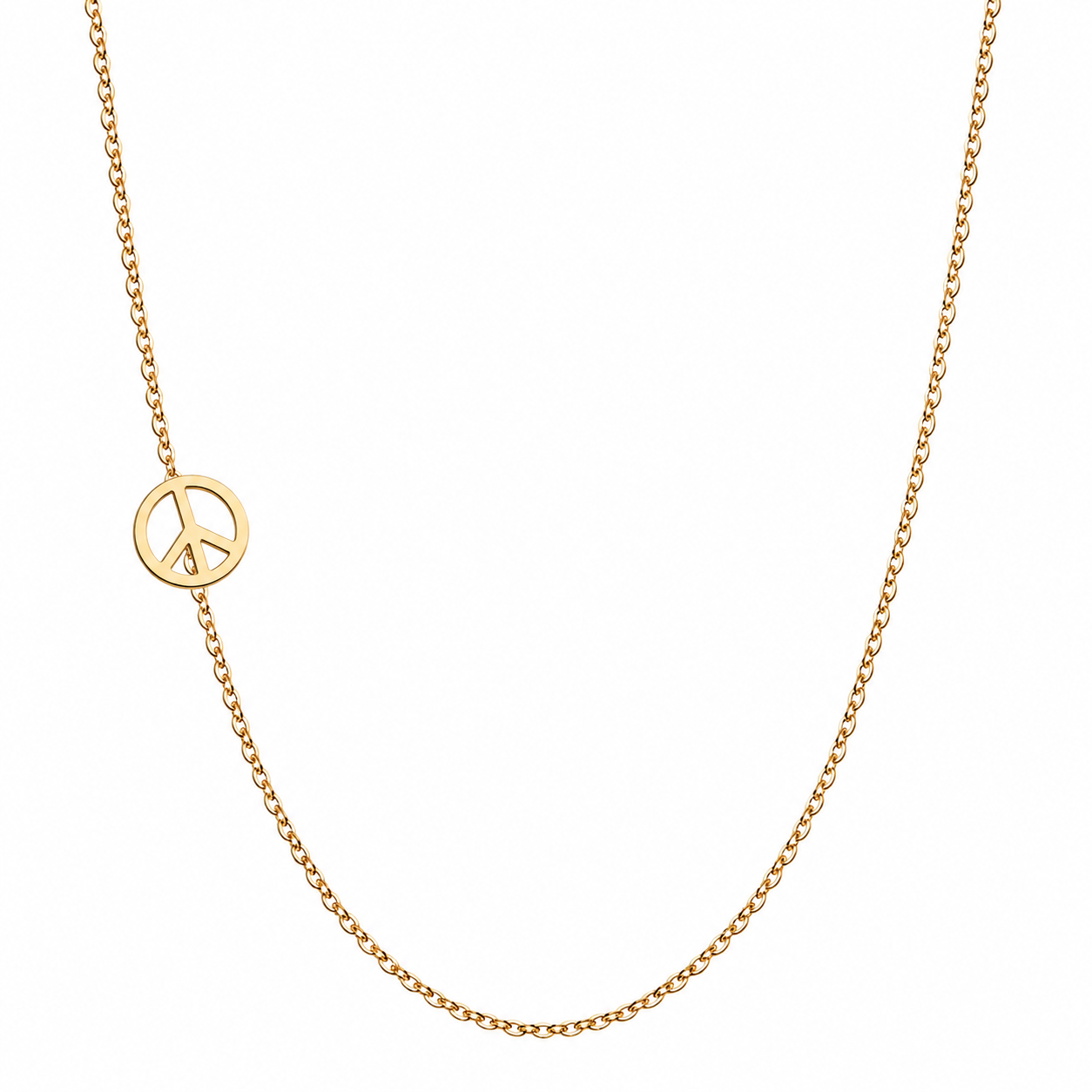 14k gold sideways peace necklace on white background