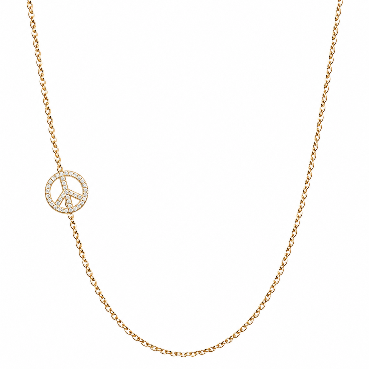 14k gold sideways peace pave diamond necklace on white background