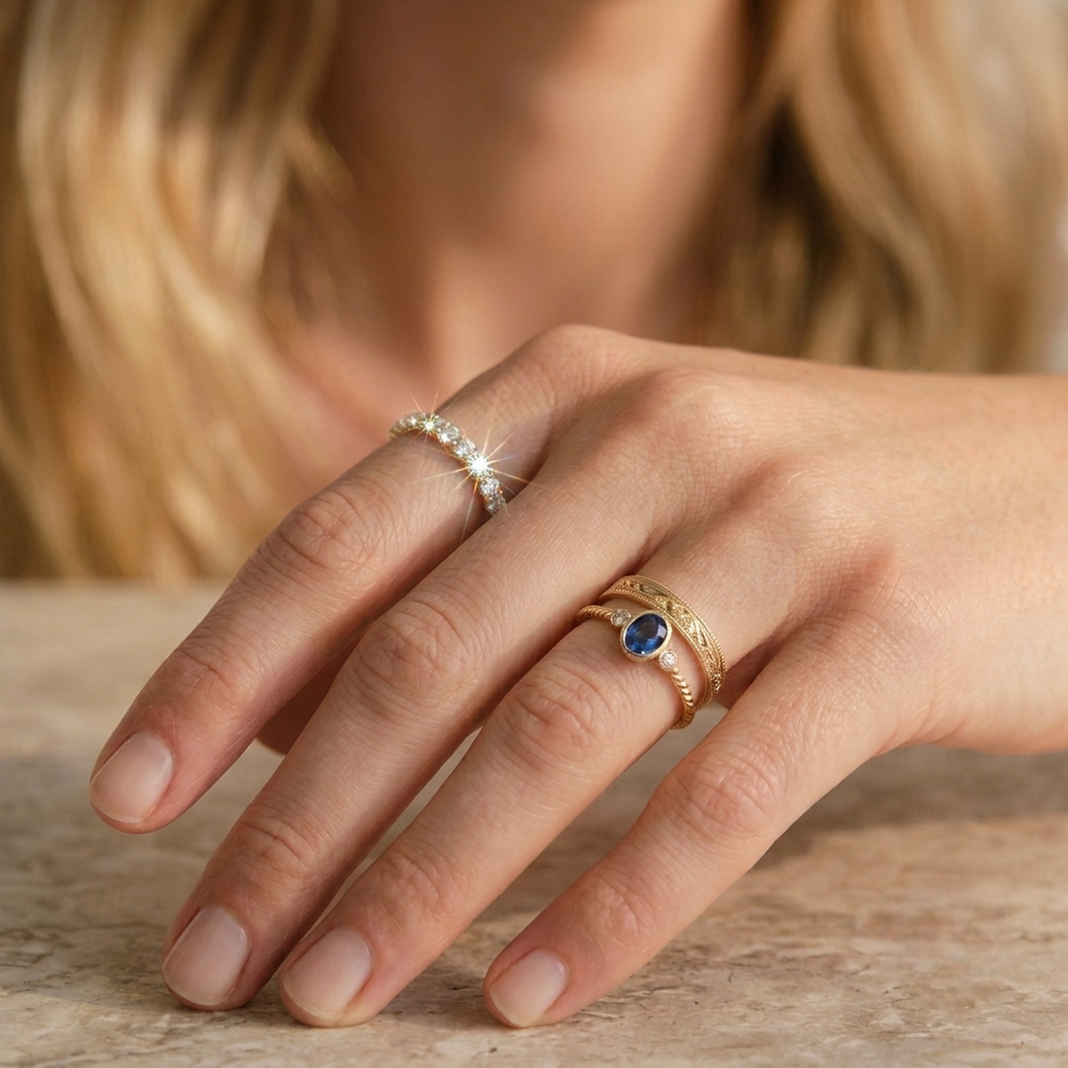Lab grown diamond eternity ring in 18K gold vermeil on hand side view