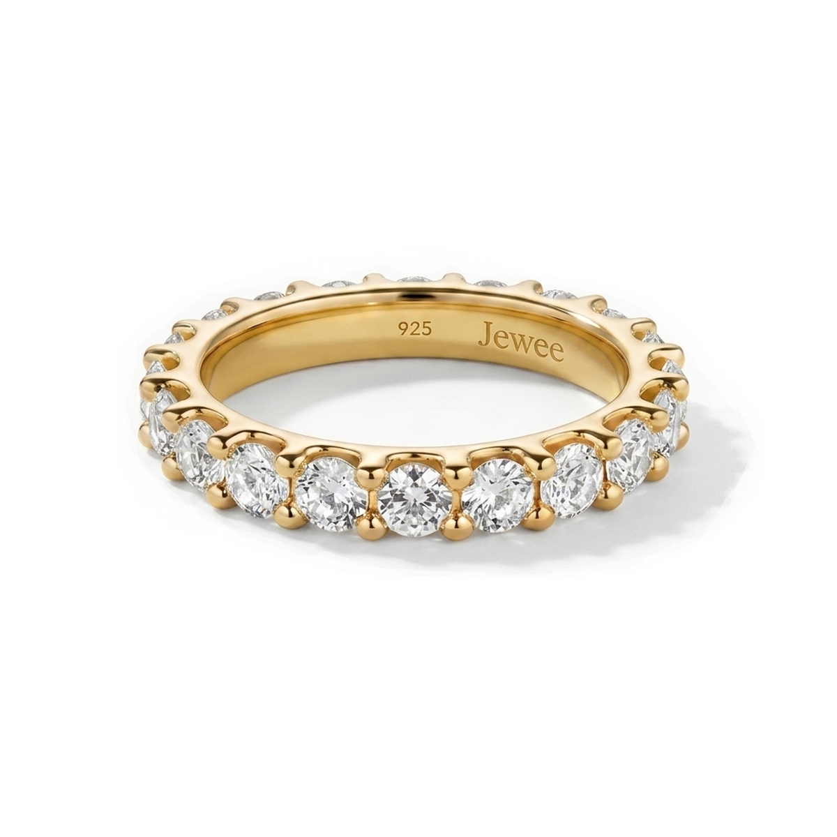 18K gold vermeil lab grown diamond eternity ring on white background