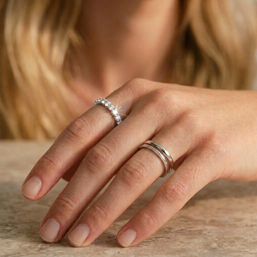Sterling silver eternity ring with lab grown diamonds on hand side view