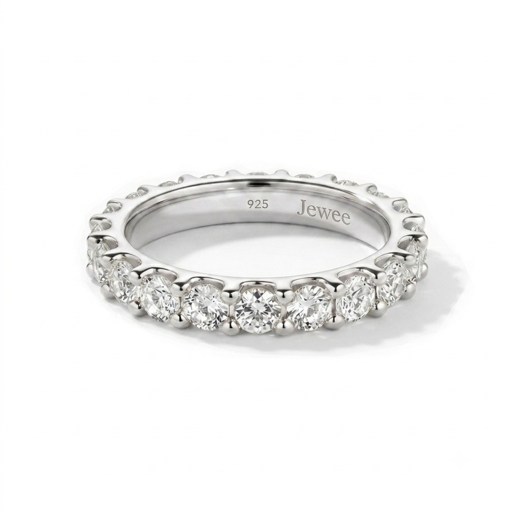 Sterling silver lab grown diamond eternity ring on white background